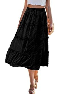 Realipopo Women's Elastic High Waist Swiss Dot Pleated A-Line Swing Midi Skirts