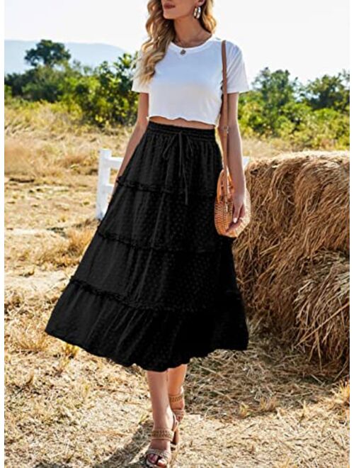 Realipopo Women's Elastic High Waist Swiss Dot Pleated A-Line Swing Midi Skirts