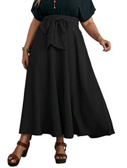 OYOANGLE Women's Plus Size High Waist A Line Bow Belted Flowy Flare Long Skirt