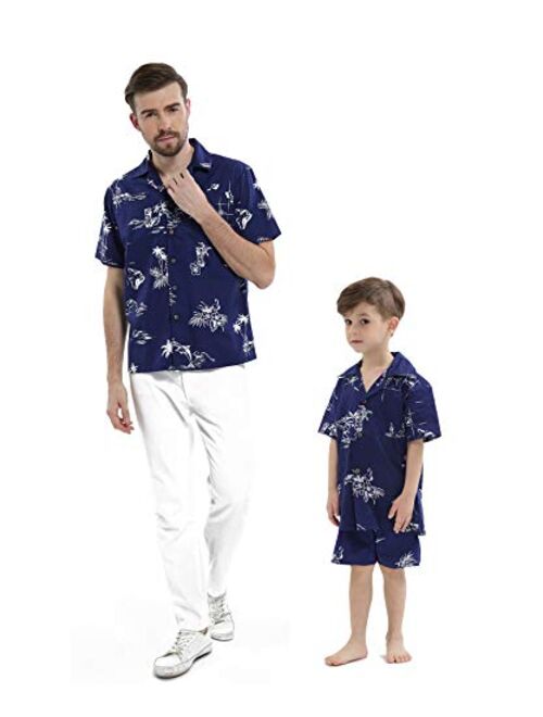 Hawaii Hangover Matching Father Son Hawaiian Luau Outfit Men Shirt Boy Shirt Shorts Navy Classic Flamingo