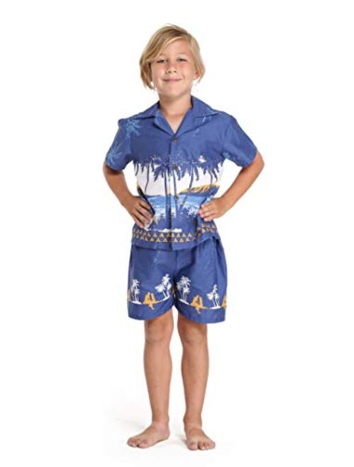 Hawaii Hangover Matching Father Son Hawaiian Luau Outfit Men Shirt Boy Shirt Shorts White with Blue Hibiscus