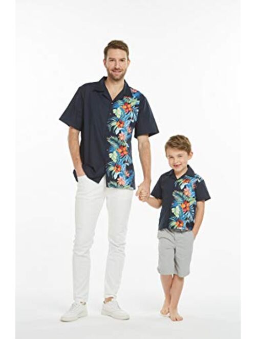 Hawaii Hangover Matching Father Son Hawaiian Luau Outfit Men Shirt Boy Shirt Wispy Cereus in Navy