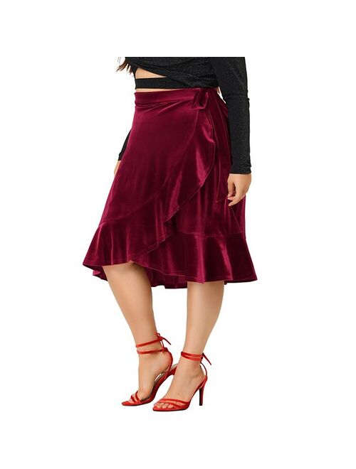 agnes orinda Women's Plus Size Party Ruffled Hem Knee Length Velvet Wrap Skirt