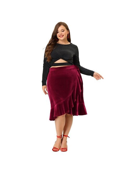 agnes orinda Women's Plus Size Party Ruffled Hem Knee Length Velvet Wrap Skirt