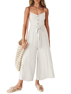 Women's Summer Spaghetti Straps V Neck Smocked Wide Leg Jumpsuits Rompers With Belt
