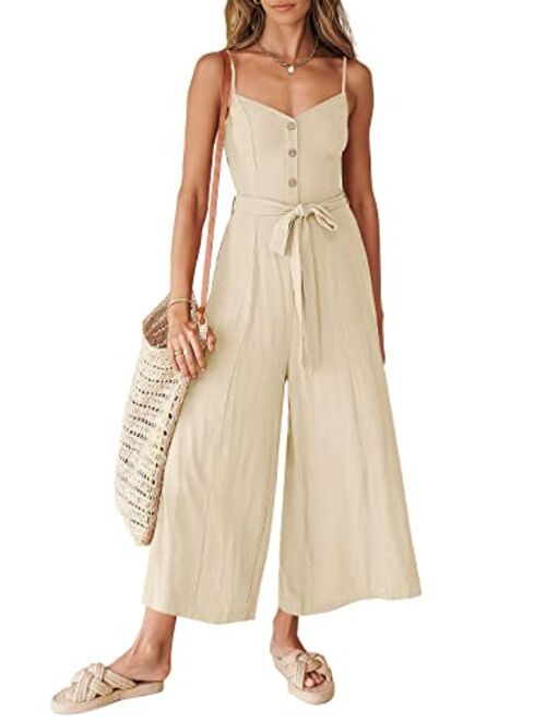 ANRABESS Women's Summer Spaghetti Straps V Neck Smocked Wide Leg Jumpsuits Rompers With Belt