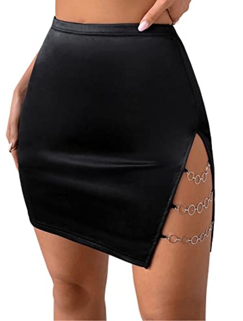 Verdusa Women's High Waist Chain Solid Slit Hem Satin Pencil Bodycon Mini Skirt