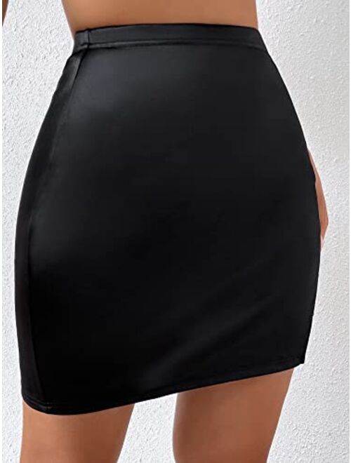 Verdusa Women's High Waist Chain Solid Slit Hem Satin Pencil Bodycon Mini Skirt