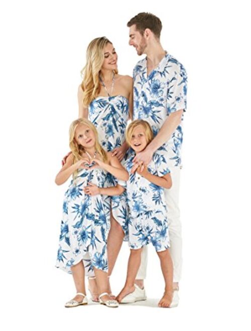 Hawaii Hangover Matching Hawaiian Luau Mother Daughter Halter Dress in Hibiscus Blue