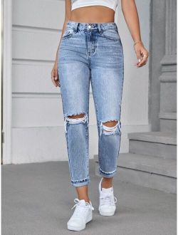 SHEIN Unity High Waist Ripped Tapered Jeans Without Belt