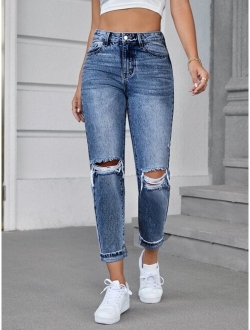 SHEIN Unity High Waist Ripped Tapered Jeans Without Belt