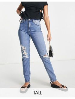 Tall ripped skinny jeans in mid blue wash