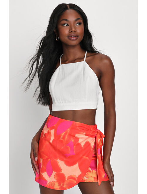 Lulus Popular Energy Bright Orange Floral Print Faux-Wrap Mini Skirt