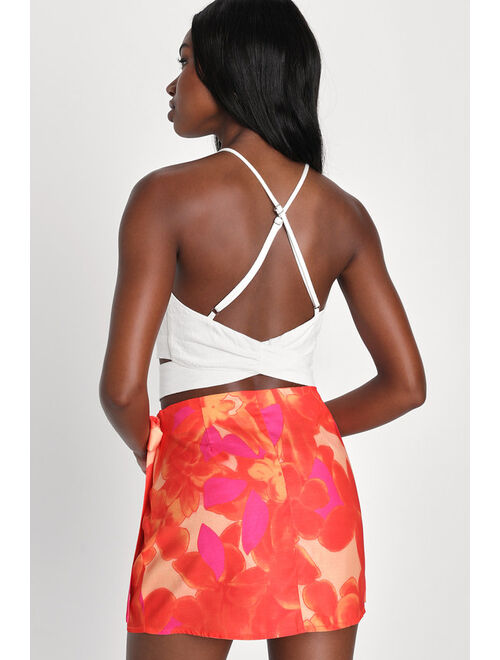 Lulus Popular Energy Bright Orange Floral Print Faux-Wrap Mini Skirt