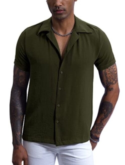 Arvilhill Men's Slim Fit Cuban Button Shirt Short Sleeve Guayabera Shirt Summer Beach Top