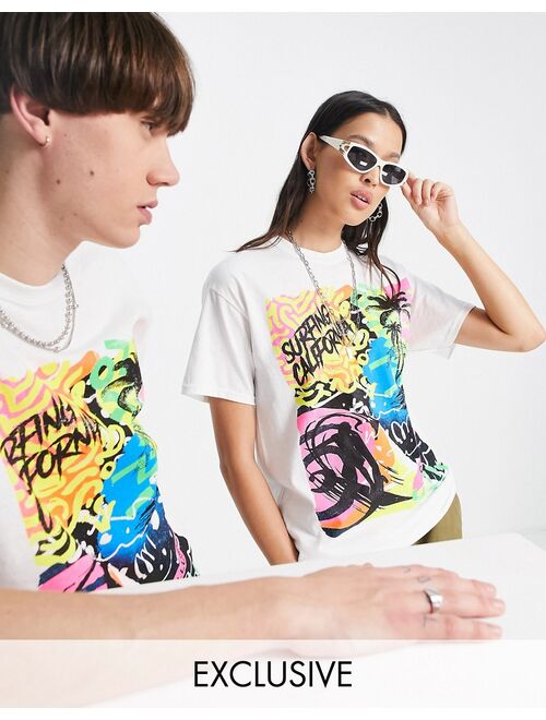 COLLUSION Unisex t-shirt with surf print in white