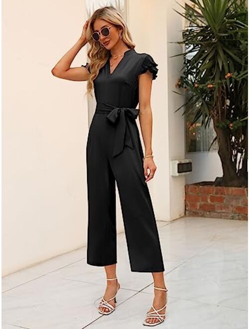 Sucolan Women's Ruffle Sleeve Jumpsuits Business Casual Jumpsuit Belted V Neck Overalls Cropped Pant One-Piece Outfits