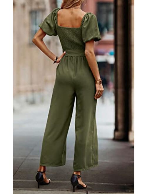Angashion Women's Jumpsuits Square Neck Puff Short Sleeve Smocked Waist Wide Leg Outfit Rompers Playsuit With Belt Pockets