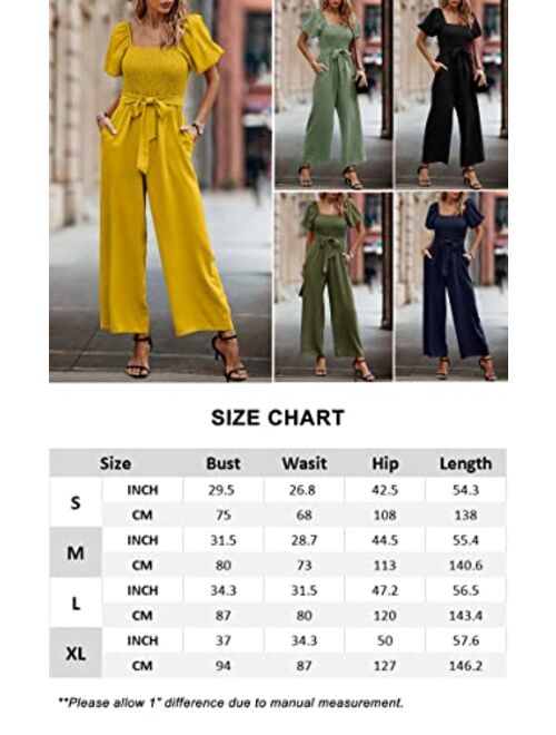 Angashion Women's Jumpsuits Square Neck Puff Short Sleeve Smocked Waist Wide Leg Outfit Rompers Playsuit With Belt Pockets