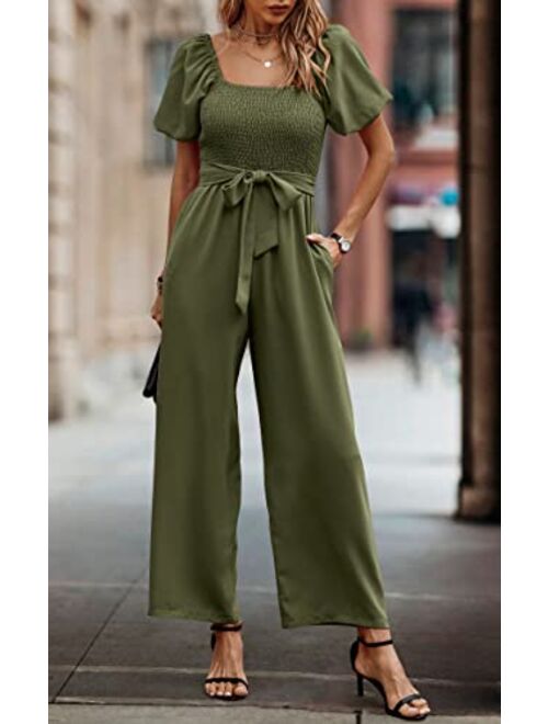 Angashion Women's Jumpsuits Square Neck Puff Short Sleeve Smocked Waist Wide Leg Outfit Rompers Playsuit With Belt Pockets