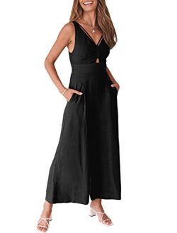 Caracilia Women's 2023 Summer Wide Leg Jumpsuits Adjustable Straps V Neck Cutout Linen Rompers with Pockets