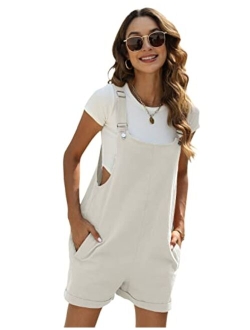 Fiona Jolin Women's Summer Cotton Linen Short Overalls Casual Bib Overall Shorts Rompers with Pockets