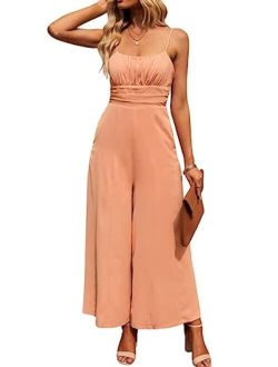 Women's Casual Sleeveless Jumpsuits Square Neck High Waisted Tie Back Long Pant Romper Jumpsuit with Pockets