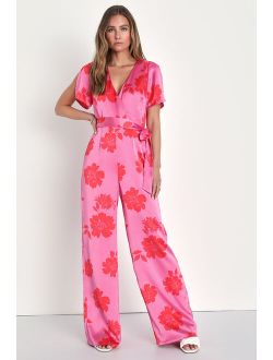 Sleek Desires Pink Floral Satin Split Sleeve Wide-Leg Jumpsuit