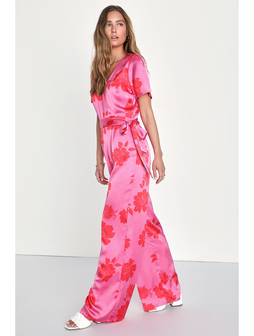 Lulus Sleek Desires Pink Floral Satin Split Sleeve Wide-Leg Jumpsuit