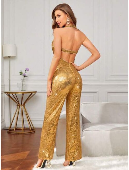 SHEIN BAE Draped Collar Backless Sequin Halter Jumpsuit