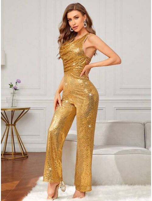 SHEIN BAE Draped Collar Backless Sequin Halter Jumpsuit