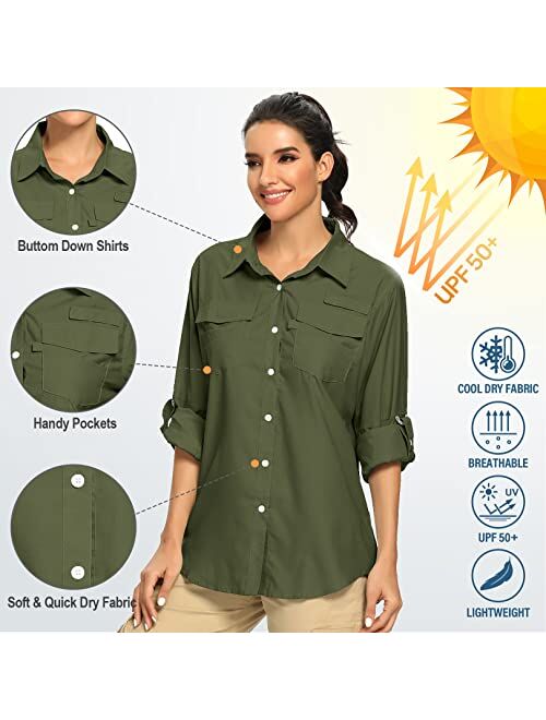Toomett Women's UPF 50 Long Sleeve Safari Shirts,Sun Protection Quick Dry Outdoor Fishing Hiking Gardening Shirt