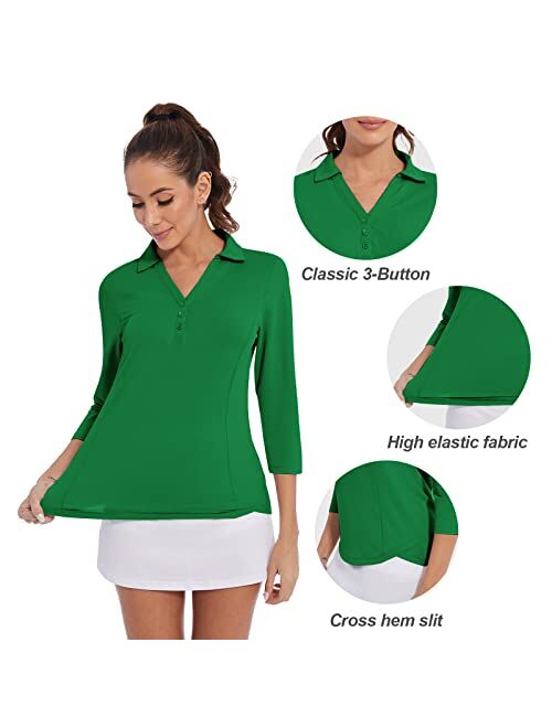 Casei Women's Polo Shirt 3/4 Long Sleeve Golf Quick Dry T Shirts UPF 50+ Athletic Casual Work Shirts Tops for Women
