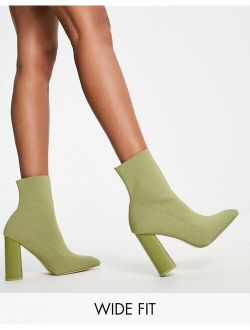 Wide Fit Public Desire Exclusive Wide Fit Loyal heel sock boots in olive knit