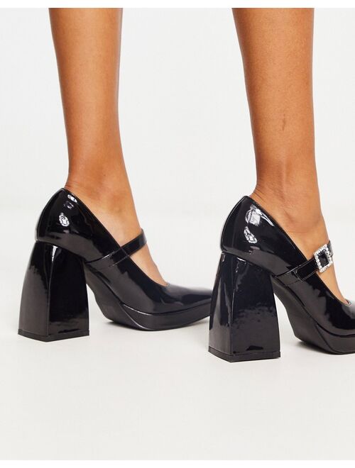 RAID Wide Fit Maya block heel mary janes with embellished buckle in black patent