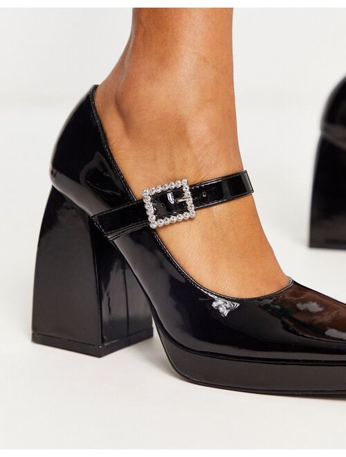 RAID Wide Fit Maya block heel mary janes with embellished buckle in black patent