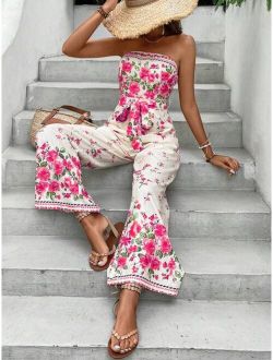 VCAY Floral Print Belted Tube Jumpsuit