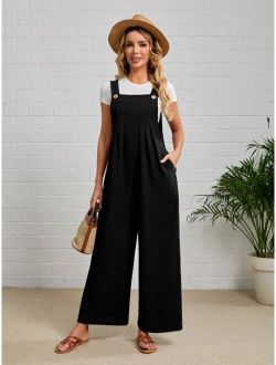 Hidden Pocket Fold Pleated Detail Pinafore Jumpsuit Without Tee