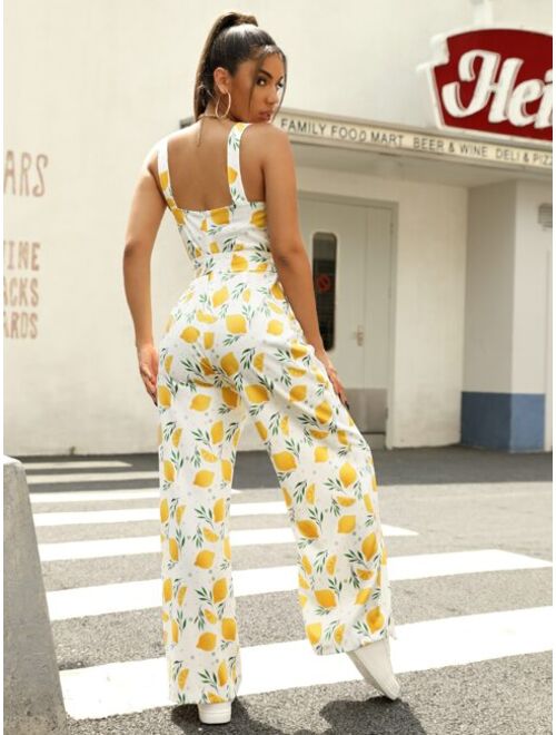SHEIN X Meikearts Allover Lemon Print Belted Jumpsuit