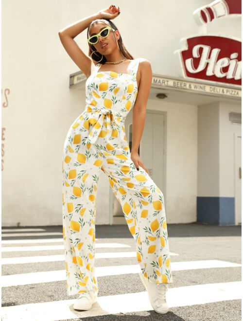 SHEIN X Meikearts Allover Lemon Print Belted Jumpsuit