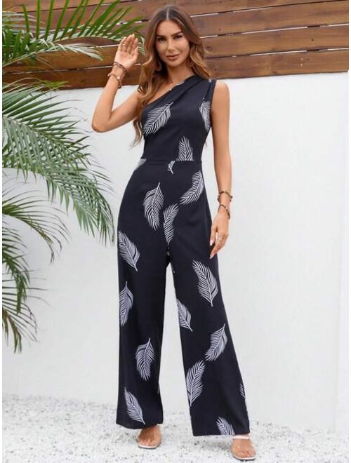 SHEIN VCAY Feather Print One Shoulder Wide Leg Jumpsuit
