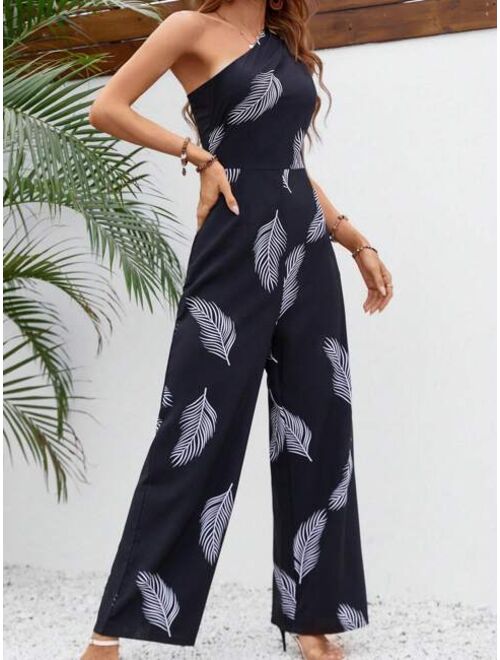 SHEIN VCAY Feather Print One Shoulder Wide Leg Jumpsuit