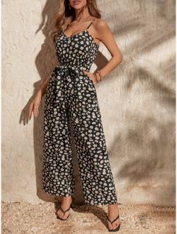 Daisy Floral Print Belted Cami Jumpsuit