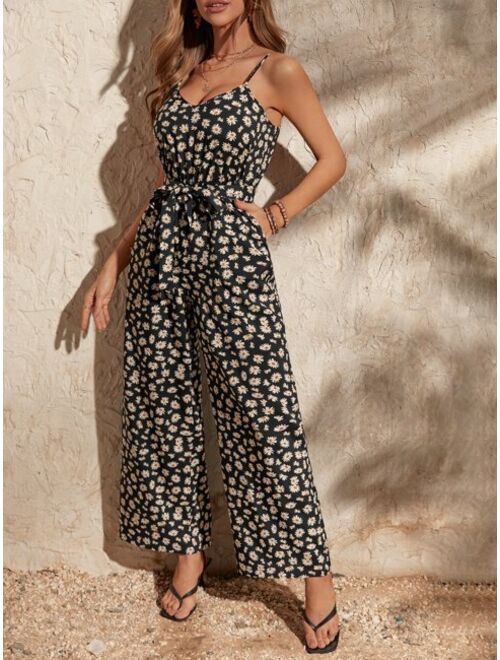 EMERY ROSE Daisy Floral Print Belted Cami Jumpsuit