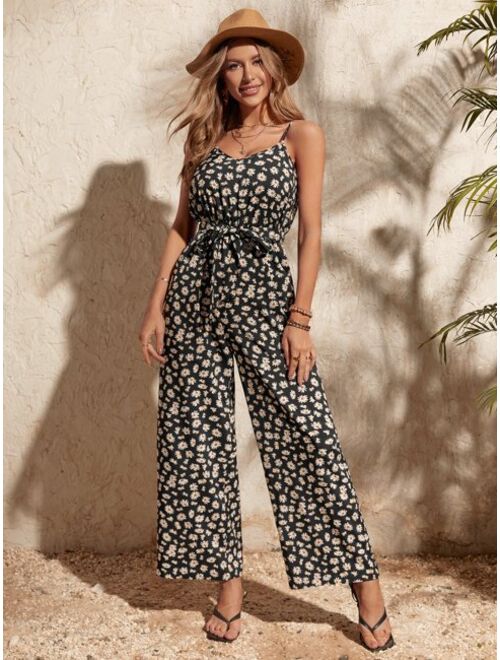 EMERY ROSE Daisy Floral Print Belted Cami Jumpsuit