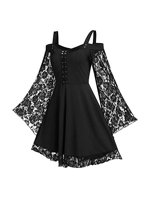 Momeitu Gothic Vintage Lace Patchwork Women Dress Plus Size Goth Bandage Ladies Spaghetti Strap Dresses