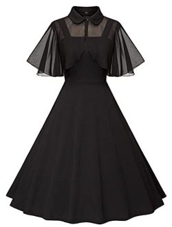 Milreason 1950s Dresses for Women Vintage Goth Swing Cocktail Dress with Pockets and Chiffon Shawl