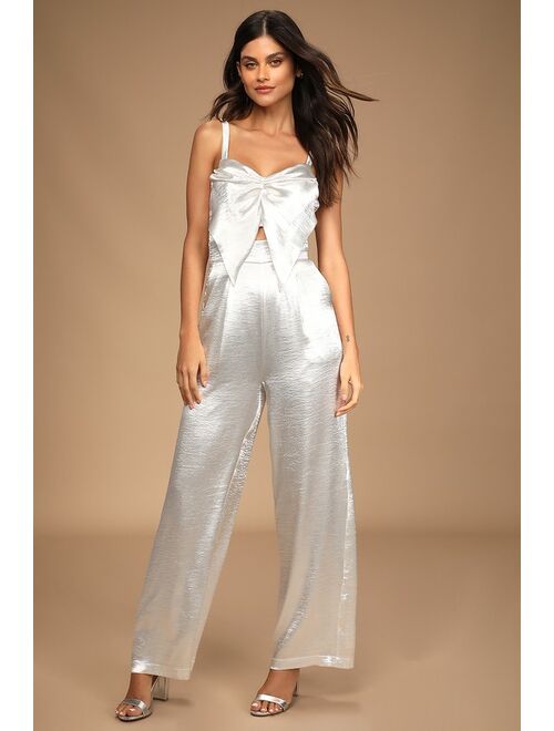 Lulus Date to Remember Ivory Satin Cutout Wide-Leg Jumpsuit