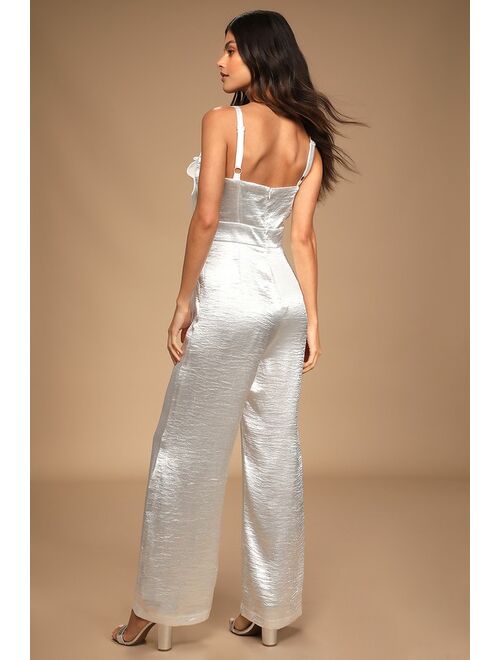 Lulus Date to Remember Ivory Satin Cutout Wide-Leg Jumpsuit