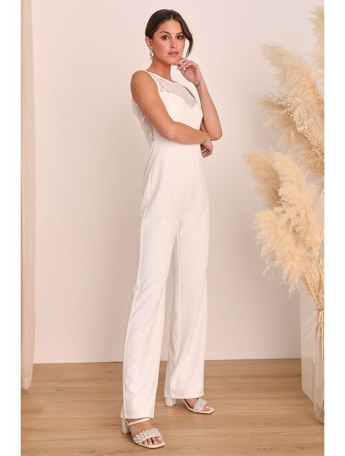 Lulus Romantic Inclinations White Lace Backless Wide-Leg Jumpsuit